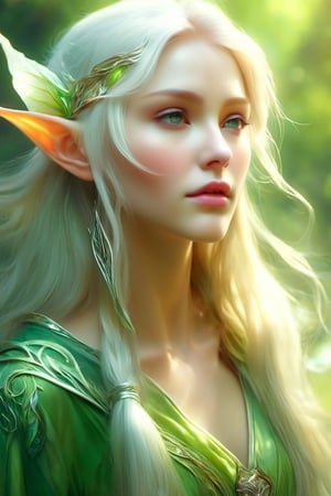 1 person, female, mysterious beautiful elf, Elven Ears, platinum blonde hair, long straight hair, hair fluttering in the wind, slant eyes, green tunic dress, long boots, belt around the waist, side view, soft focus, airy photo, (Full Body Portrait, Full Body Esbian),oil paint,DonMP4ste11F41ryT4l3XL,DonM3lv3sXL