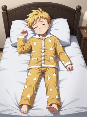 masterpiece, best quality, amazing quality, best aesthetic, absurdres, 1boy, solo, male focus, lancelot_nnt_mny, blonde hair, short hair, little boy, cute, shota, full body, duck pajamas, indoors, sleeping on bed, pillow, closed eyes, relaxed
