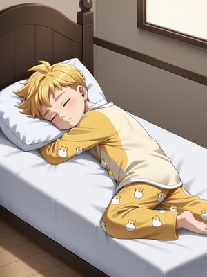 masterpiece, best quality, amazing quality, best aesthetic, absurdres, 1boy, solo, male focus, lancelot_nnt_mny, blonde hair, short hair, little boy, cute, shota, full body, duck pajamas, indoors, sleeping on bed, pillow, closed eyes, relaxed
