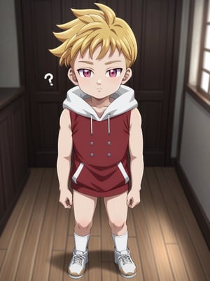 masterpiece, best quality, amazing quality, best aesthetic, absurdres, 1boy, solo, male focus, lancelot_nnt_mny, blonde hair, pink eyes, short hair, little boy, cute, shota, full body, looking at viewer, red sleeveless hoodie, white hood, indoors, confused