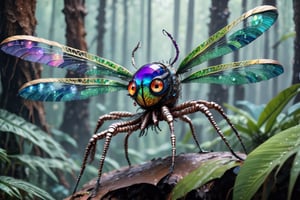 dragonfly spider peacock hybrid predator creature made from gemstones, tentacles, lots of eyes, fearsome, long sharp teeth, on a limb in a super fantasy tropical rain forest on an alien world