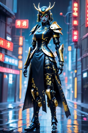 samurai midevil victorian female robot cop in satin black with gold markings, oriental, standing arms to her side wielding dual katanas dripping with blood, city street, nighttime, city neon lights, futuristic, moonlight.