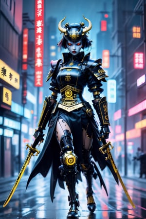 samurai midevil victorian female robot cop in satin black with gold markings, oriental, standing arms to her side wielding dual katanas dripping with blood, city street, nighttime, city neon lights, futuristic, moonlight.