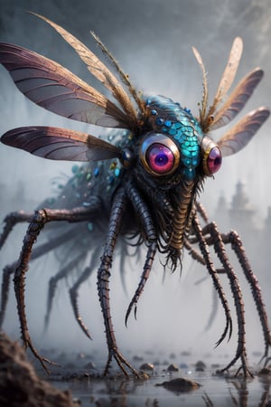 dragonfly spider peacock hybrid predator creature monster made from gemstones, tentacles, lots of eyes, fearsome, long sharp teeth, menacing, stalking you on a futuristic battlefield, fog
