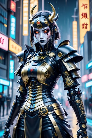samurai midevil steampunk female robot cop in satin black with gold markings, oriental, standing arms to her side wielding dual katanas dripping with blood, city street, nighttime, city neon lights, futuristic, moonlight.