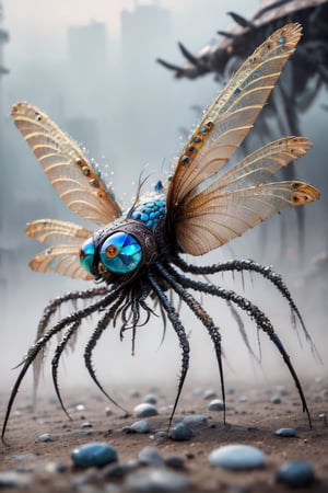 dragonfly spider peacock hybrid predator creature made from gemstones, tentacles, lots of eyes, fearsome, long sharp teeth, stalking you on a futuristic battlefield, fog