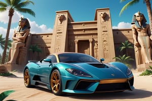 a super exotic luxury 2-door sports car shaped after the ancient egyptian god horus, tropical island background, exterior shot, ultra details, 4k, ultra realism