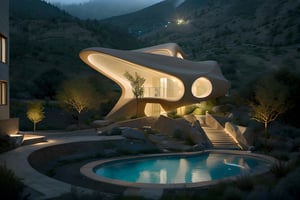 rammed earth, carved rock, flowing, mountainside, perforated, grassy, modern, futuristic, glossy white, sinuous chateau, illuminated pool, vines, ivy, artificial lighting, desert landscaping, accent lighting, sunrise, mist