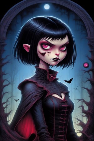 red cartoon character. Vampy is ((13 years old))) and is a vampire girl. She has ((((short black hair, (((bob haircut)))) and red eyes. (pink skin). She is gothic. dark costume. pants. Ultra-high detail, All styles of Craola artists. Dan Mumford, Andy Kehoe and Luis Royo