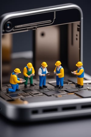 
A group of intricately detailed miniature individuals engaged in repairing the internal workings of an iPhone . The image is captured in stunning 8K resolution, showcasing the finest details. The tilt-shift effect adds a touch of whimsical realism to this captivating scene,<lora:659095807385103906:1.0>