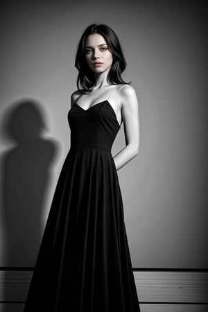 A woman in a black evening dress, glamor, black and white photography, elegant pose, blurred background.,<lora:659111690174031528:1.0>