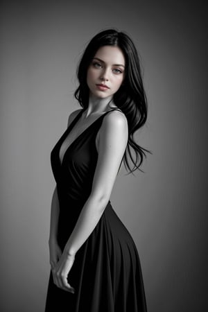 A woman in a black evening dress, glamor, black and white photography, elegant pose, blurred background.,<lora:659111690174031528:1.0>