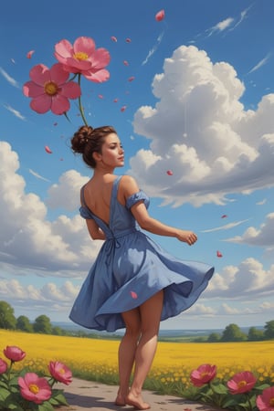 solo,dress,(flower:1.3),Petals drifting from the sky,hair bun, happy,the sky,In a bright scene,In the cloud, on the cloud, Dynamic angles,dynamic poses,random actions,(best quality),(realistic medium, photo realism:1.3),(masterpiece:1.3),,<lora:659095807385103906:1.0>
