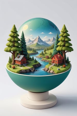 (best quality), (4k resolution), creative illustration of a miniature world on a white pedestal. The world is a green sphere with various natural and artificial elements. There is a river, trees, mountains, and a small house on the sphere. The image has a minimalist style with a light color palette that creates a contrast with the white background,<lora:659095807385103906:1.0>
