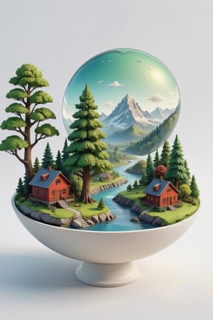 (best quality), (4k resolution), creative illustration of a miniature world on a white pedestal. The world is a green sphere with various natural and artificial elements. There is a river, trees, mountains, and a small house on the sphere. The image has a minimalist style with a light color palette that creates a contrast with the white background,<lora:659095807385103906:1.0>