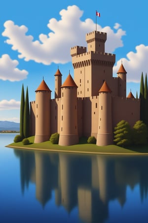 (Oil painting:1.3) of a wonderful (medieval castle in Italy:1.4), island in the middle of a lake, castle full view closeup from the lake shore, (in the open:1.2), 14th century, (golden ratio:1.3), (medieval architecture:1.3), (mullioned windows:1.3), (brick wall:1.1), (towers with merlons:1.2), (broad sky view:1.2), beautiful blue sky with imposing cumulonembus clouds, small boats, BREAK, (aerial view:1.2), in the style of Jack Kirby, (soft diffused lighting:1.2), vignette, highest quality, original shot. BREAK Front view, well-lit, (perfect focus:1.2), award winning, detailed and intricate, masterpiece, itacstl,Comic Book-Style 2d,art_booster,ink ,oil paint,<lora:659095807385103906:1.0>