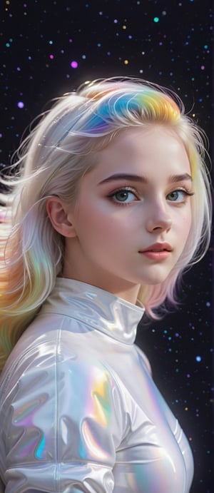 Masterpiece, HD, 16K, A captivating minimal illustration featuring a 20 year old girl. (Full body), standing figure, she is drawn with a delicate and intricate touch, swaying rainbow-colored hair, big eyes, lip fillers, plump cheeks, white skin, and a shiny white cyber suit, which are highlighted with an elegant touch It looks like a painted tapestry painting, the background is a 3D rendering of space, her waving hair is a blend of vivid colors and delicate pastel colors, and the pitch black space, the girl's fantastic presence is vibrant and lively. It is reflected in his expression,cinematic style,ParallelObserver