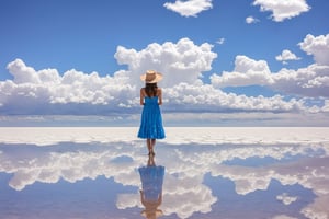 (Masterpiece, Real, 16K), Super clear blue sky, expansive cotton candy clouds, Salar de Uyuni reflects the same sky and clouds like a mirror, world of blue and white objects, (small woman walking in a simple dress with a big hat in the center), fantastic, blurry,