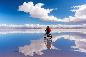 (Masterpiece, Real, 16K), Super clear blue sky, expansive cotton candy clouds, Salar de Uyuni reflects the same sky color and clouds like a mirror, world of blue and white objects, with blue sky (person on bike in the center looks very small), fantastic, blur,