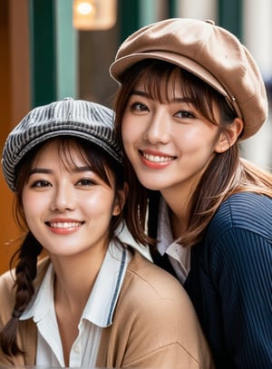 ((Two Girls)), Two boyish girls in the latest fashion, laughing and chatting happily, (Photo from head to thigh), wearing newsboy hats, masterpiece, HD, 8K, (mischievous smile), tilting head slightly, face drawn with delicate touch at 45 degree angle in the center, (short chestnut hair), chin pulled in and looking up, light brown eyes, highlights in eyes, plump cheeks and lips, beautiful dark skin, small face, all of which are emphasized with a devilish touch, fragile and delicate,