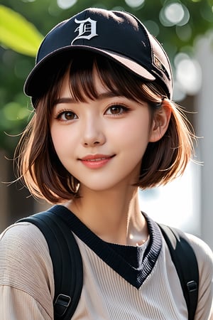 Masterpiece, HD, 8K, A boyish high school girl, a captivating and minimalist illustration, wearing a black cap at an angle, (mischievous smile), head tilted slightly, face drawn with delicate touches at a 45 degree angle in the center, (short chestnut hair), chin tucked in and eyes looking up, light brown eyes, highlights in the pupils, plump cheeks and lips, beautiful dark skin, small face, all of which are emphasized with a devilish touch, fragile and delicate,