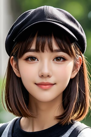 Masterpiece, HD, 8K, A boyish high school girl, a captivating and minimalist illustration, wearing a black cap at an angle, (mischievous smile), head tilted slightly, face delicately drawn at a 45 degree angle in the center, (short chestnut hair), chin tucked in and eyes looking up, light brown eyes, highlights in the pupils, plump cheeks and lips, beautiful dark skin, small face, all of which are accentuated with a devilish touch, fragile and delicate,