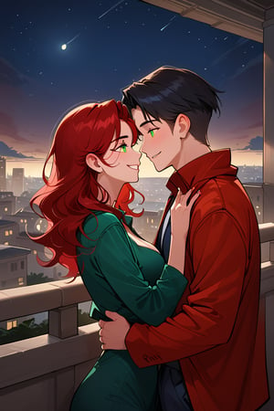 a girl red hair, sexy girl, standing on the balcony of a building with man black hair ,modern city, night,looking at each other,wearing a green top, sexy pose,smiling,
sexy pose, upper_body, fierce, detailed, detailed_face, detailed_eyes, high resolution, bold, Detailedface,jaeggernawt,manhwa,korean Manhwa art style,Indoor