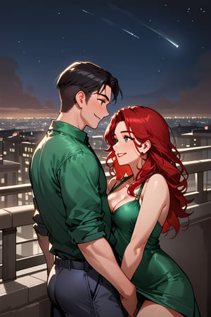 a girl red hair, sexy girl, standing on the balcony of a building with man black hair (black eyes) ,modern city, night,looking at each other,wearing a green top, sexy pose,smiling,
sexy pose, upper_body, fierce, detailed, detailed_face, detailed_eyes, high resolution, bold, Detailedface,jaeggernawt,manhwa,korean Manhwa art style,Indoor,2b-Eimi