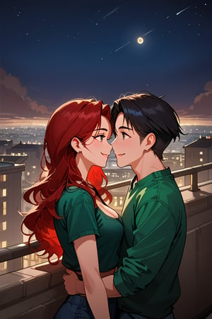 a girl red hair, sexy girl, standing on the balcony of a building with man black hair (black eyes) ,modern city, night,looking at each other,wearing a green top, sexy pose,smiling,
sexy pose, upper_body, fierce, detailed, detailed_face, detailed_eyes, high resolution, bold, Detailedface,jaeggernawt,manhwa,korean Manhwa art style,Indoor