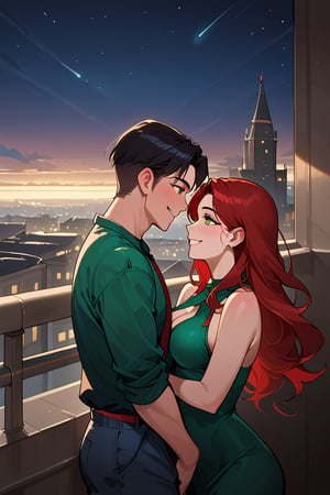 a girl red hair, sexy girl, standing on the balcony of a building with man black hair ,modern city, night,looking at each other,wearing a green top, sexy pose,smiling,
sexy pose, upper_body, fierce, detailed, detailed_face, detailed_eyes, high resolution, bold, Detailedface,jaeggernawt,manhwa,korean Manhwa art style,Indoor