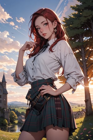 (masterpiece), best quality, high resolution, highly detailed, detailed background, 1woman, anime woman, medieval woman scottish warrior, long kilt, (masterpiece), highest quality, high resolution, extremely detailed, illustration, lips, make-up, long plaited red hair, looking viewer, highlands, countryside, castle ruins in background, pose, forest, sunset, ambient lighting