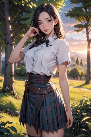 (masterpiece), best quality, high resolution, highly detailed, detailed background, 1woman, anime woman, medieval woman scottish warrior, long kilt, (masterpiece), highest quality, high resolution, extremely detailed, illustration, lips, make-up, looking viewer, highlands, countryside, pose, forest, sunset, ambient lighting