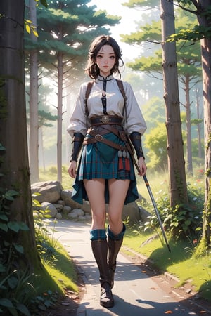 full body, (masterpiece), best quality, high resolution, highly detailed, detailed background, 1woman, anime woman, medieval wooman scottish warrior, kilt, (masterpiece), highest quality, high resolution, extremely detailed, illustration, lips, make-up, looking viewer, highlands, countryside, standing, forest, ambient lighting