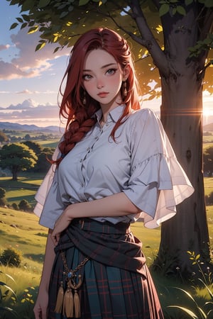 (masterpiece), best quality, high resolution, highly detailed, detailed background, 1woman, anime woman, medieval woman scottish warrior, long kilt, (masterpiece), highest quality, high resolution, extremely detailed, illustration, lips, make-up, long plaited red hair, looking viewer, highlands, countryside, pose, forest, sunset, ambient lighting