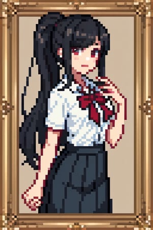long_hair,high ponytail,black hair,school uniform,Long skirt,solo,bishoujo,Hand holding a picture frame,Pixel art,Pixel world
