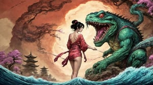 hot sexy japanese girl vs an angry kappa, curvy, lingerie, big breast, mythical japanese spirit, kappa, angry, horror, , japanese art, japanese background, messy background, extra details, high quality, masterpiece, high resolution, ukiyo_e,on parchment