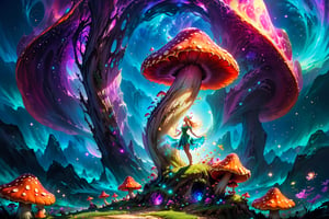 silky skin elf princess shimmering twirling in a giant mushroom landscape glowing cosmic glow in the dark alien world