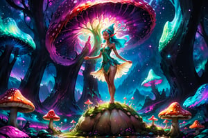 silky skin elf princess shimmering twirling in a giant mushroom landscape glowing cosmic glow in the dark alien world