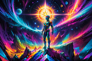 the god of the universe is  a massive  being  that  looks down to a  astral cosmic traveler ,geometric patterns, sacred geometry,magical energy,visionary,Psychedelic, HDR,HD,sharp focus, ultra detail,high detail, dynamic, epic composition, visionary art ,,uv highlights,neon edges, high detail, ,sharp focus, 32k resolution,visionary art masterpiece collberation by Dima Yastronaut, android jones,Justin Totemical , Steven Haman, ElohProjects, Fabian Jimenez, Jonathan Solter, simon haiduk