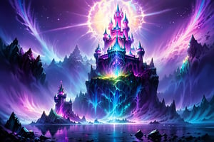 A magical crystal castle made of light inspired by gilbert williams enveloped in trails of colorful lights around it. an adventuring party of 4 elves exits a magical cave to find themselves in a world far larger than they ever imagined, a world of giant trees, enormous mountains, massive crystals that are iridescent and luminescent , breathtaking beauty, pure perfection, divine presence, unforgettable, impressive, breathtaking beauty, Volumetric light, auras, rays, vivid colors, reflections, with a vast sweeping sky, they are are very small an this world is very large, fantasy, dnd, concept, massive world landscape, clean painting and auora lighting. dark blue and intense purple color palette, art by gilbert williams