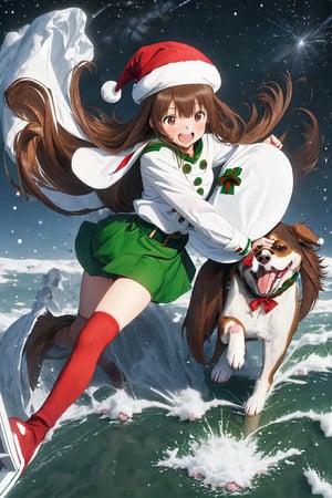 high quality,  anime visual
break
1girl,  14yo,  pretty,  brown hair,  long hair,  brown eyes,  laughing so hard,  have a zucchini,  ((white beret):1.1),  ((battle Santa uniform)),  red ribbon,  ((green spats)),  (red sneeker),  (((universe)),  (garaxy)),  ((dog:1.4))