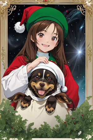high quality,  anime visual
break
1girl,  14yo,  pretty,  brown hair,  long hair,  brown eyes,  laughing so hard,  have a zucchini,  ((white beret):1.1),  ((battle Santa uniform)),  red ribbon,  ((green spats)),  (red sneeker),  (((universe)),  (garaxy)),  ((dog:1.3))