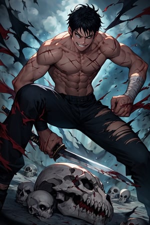 score_9, score_8_up, score_7_up, solo, 1 male, fushigujo toji, Solo, Scars, Abs, Muscular, Bulky body, Wide body, scales, deep black eyes, black hair, Smile, creepy, ((fighting stance on barren ground with skull under ground)), slightly torn black pants, bleeding, (surrounded by blue smoke), holding a short sword, cutting the soul in half