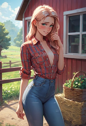score_9, score_8_up, score_8, at  farm, barn behind her, wearing jeans and plaid shirt with boots, tiny smile, slutty,
shy, sweating, outside,
(offering herself)