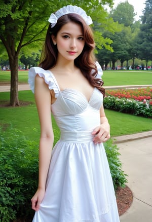 (masterpiece,best quality:1.2),bright colors,solo,photo_,(1girl:1.3),(standing:1.3),(looking at viewer:1.4),Elegant,detailed gorgeous face,(cowboy shot:1.1),realistic,,maid dress,bow,park background,nature,plant