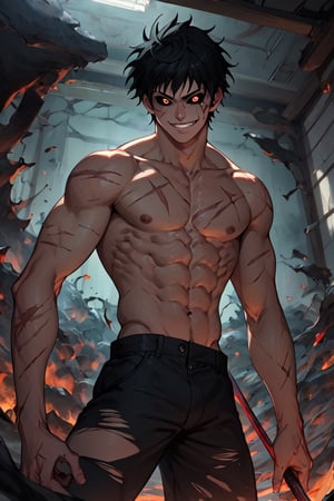 score_9, score_8_up, score_7_up, solo, 1 male, fushigujo toji, Solo, Scars, Abs, Muscular, Bulky body, Wide body, scales, deep black eyes, Black sclera, Fists, black hair, Smile, creepy, Standing, Magma leaking from the body, molten rock, slightly torn black pants, plaster ceiling, bleeding from a puddle, surrounding smoke, holding a long spear
