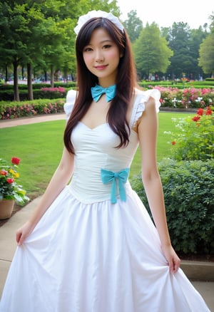 (masterpiece,best quality:1.2),bright colors,solo,photo_,(1girl:1.3),(standing:1.3),(looking at viewer:1.4),Elegant,detailed gorgeous face,(cowboy shot:1.1),realistic,,maid dress,bow,park background,nature,plant, asian girl,
