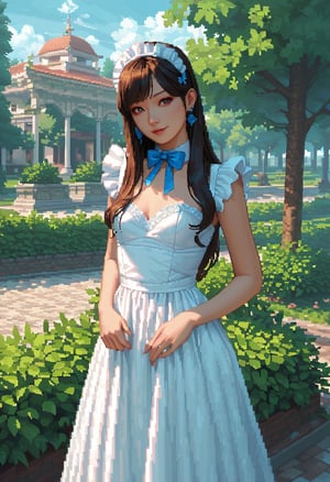 score_9, score_8_up, score_7_up,pixel art,bright colors,solo,,(1girl:1.3),(standing:1.3),(looking at viewer:1.4),Elegant,detailed gorgeous face,(cowboy shot:1.1),realistic,,maid dress,bow,park background,nature,plant, asian girl,