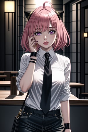 ((best quality)),  ((highly detailed)),  masterpiece,1girl, 1girl, (lips:1.3) (pink lips:1.2),pose:1.2, white shirt, suit, black jacket, black pants, black necktie, large breast, (hoop earrings:1.2),  pink nails, looking at viewer, standing, cowboy shot, bar,outdoor,lamp,nigth,space, alcohol, pinknails, wristband,(anya forger, bangs, short hair, pink hair, (purple eyes), ahoge, hair ornament),,<lora:659111690174031528:1.0>