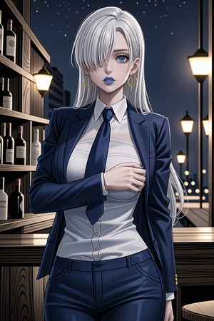 ((best quality)),  ((highly detailed)),  masterpiece,1girl, 1girl, (lips:1.3) (blue lips:1.2),pose:1.2, white shirt, suit, black jacket, black pants, black necktie, large breast, (hoop earrings:1.2), blue nails, looking at viewer, standing, cowboy shot, bar,outdoor,lamp,nigth,space, alcohol, blue nails, wristband,lizabeth, long hair, blue eyes, white hair, hair over one eye, single earring,<lora:659111690174031528:1.0>